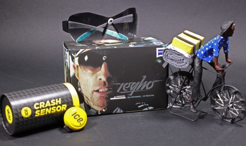 Left to right: ICEdot Crash Sensor, Assos Zegho glasses, Bicycle Charles sculpture